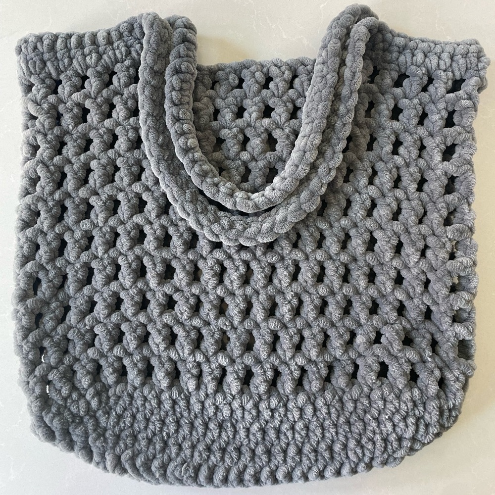 Gray Handmade Crochet Large Plush Tote Bag